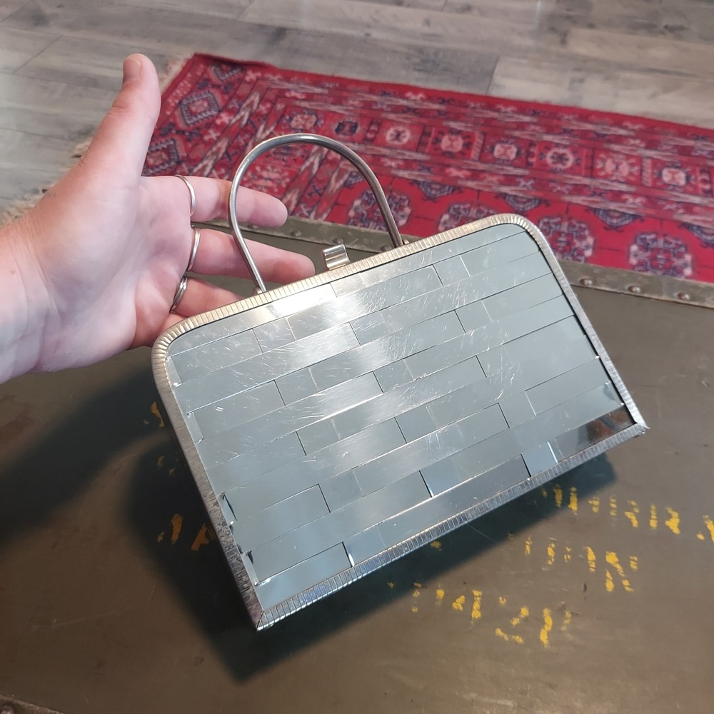 Vintage Silver Metal Box Clutch Woven Geometric Evening Bag Handbag 6x9x2